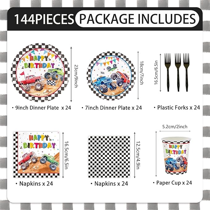 144pcs Monster Truck Birthday Party Decorations Plates Napkins Disposable Truck Paper Cups Monster Truck Party Supplies Tableware Set for Kids Boys Birthday Decor Serve 24 Guests