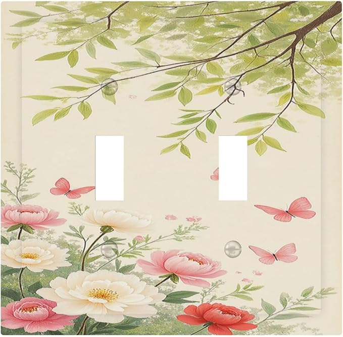 Decorative Switch Plates Garden Flowers Green Leaves And Butterflies 2 Gang Double Toggle Wall Plate Outlet Light Switch Cover Electrical Faceplate for Bedroom Cabin Decor