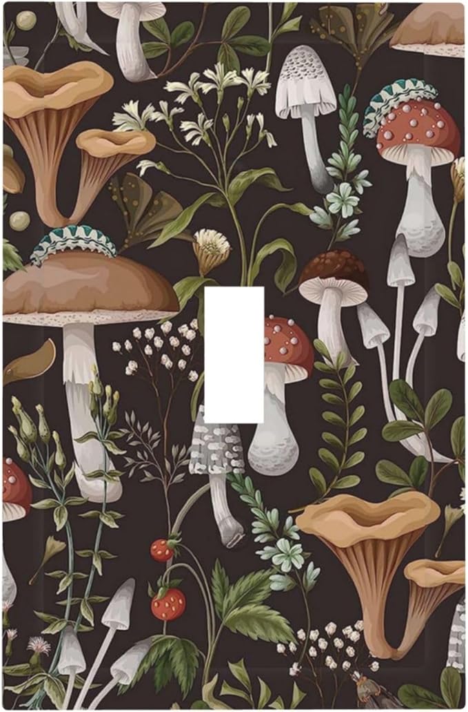 Black Retro Vintage 70s 60s Boho Hippie Mushroom Fungus 1 Gang Single Toggle Outlet Light Switch Wall Plate Outlet Cover Botanical Floral Plant Electrical Faceplate Decorative Switchplate
