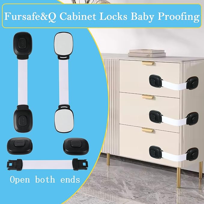 Fursafe&Q Baby Cabinet Locks, Child Safety Cabinet Proofing -Child Safety Strap Locks Adhesive Drawer Fridge Ovens Door Toilet Latches No Drill Multi-Purpose for Furniture Kitchen Lock (WB, 2Pack)