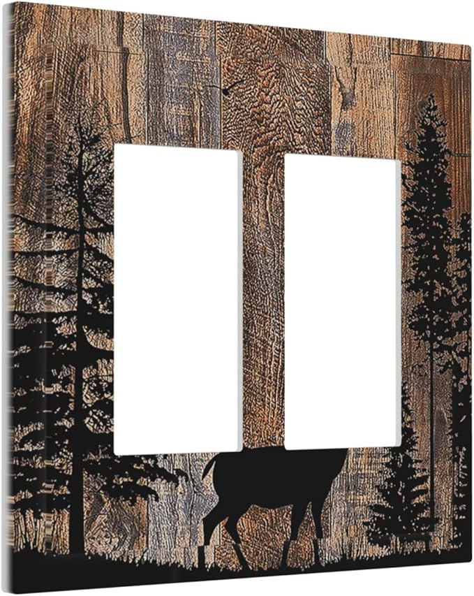 Decorative Outlet Covers Rustic Forest Antler Elk Deer Silhouettes Animals Wood Grain 2 Gang Double GFCI Rocker Electrical Wall Panels Light Switch Cover Plate for Farmhouse Home Decor