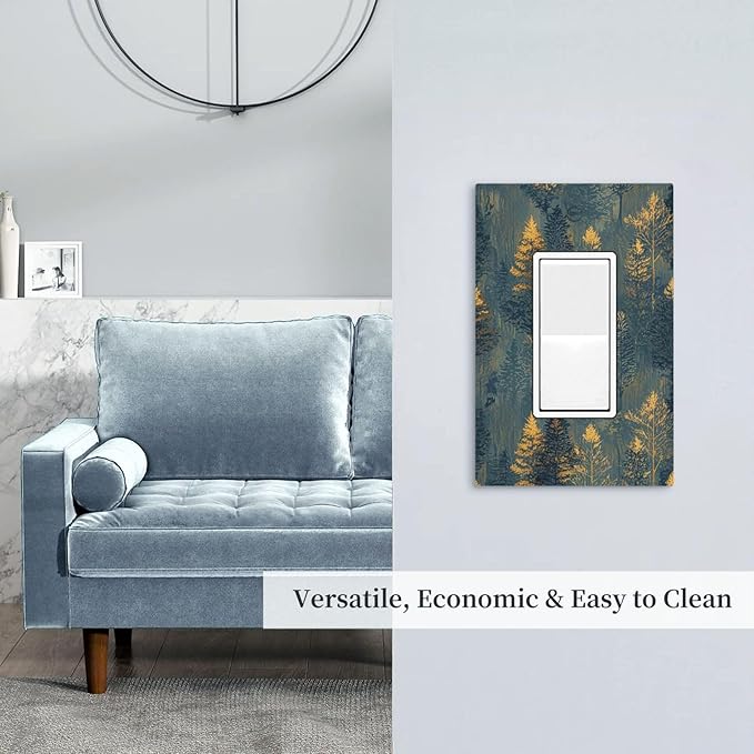 Decorative Light Switch Cover Plate with Golden Trees & Abstract Gradient Forest Landscape Design 1 Gang Rocker Outlet Covers Single Decora Gfci Device Wall Plate for Blue Retro Home Decor