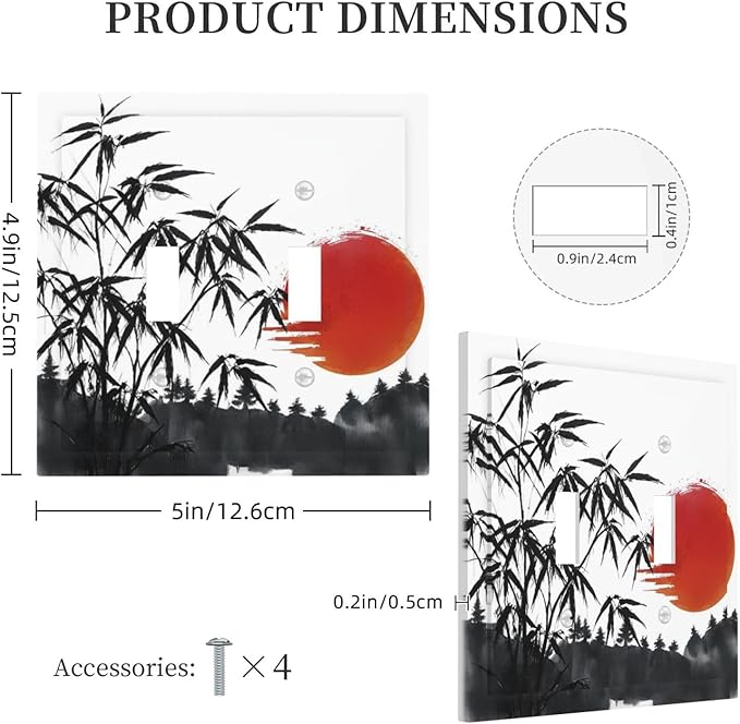 Decorative Light Switch Plate Covers Artistic Describe Black Bamboo Japanese Red Sun 2 Gang Wall Plate Double Toggle Switch Cover Plate Electric Dual Device Electrical Faceplate