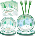 96Pcs Christmas Winter Forest Party Supplies Winter Wonderland Paper Plates and Napkins Snowflake Tree Disposable Party Tableware Set Xmas Dinnerware for Holiday Dessert Birthday Decoration Serve 24
