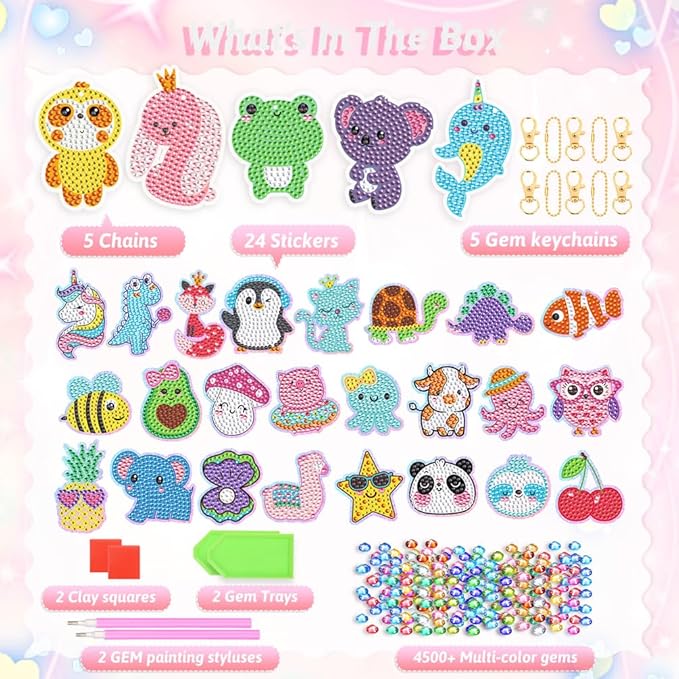 EAPHANT Diamond Art Kits for Kids, Gem Keychains and Stickers Painting Gifts for Girls Ages 4-8 8-12, Arts and Crafts Toys for Kids with 29 Designs