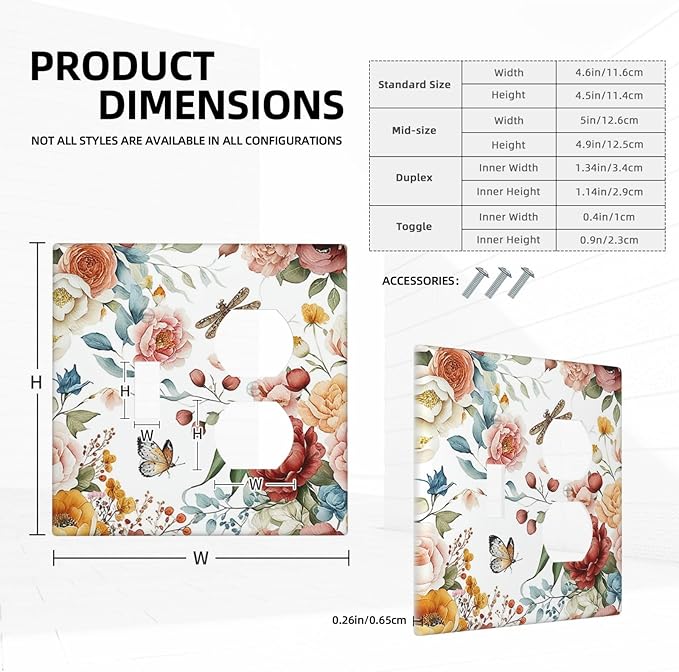 Rustic Style Colorful Peony Butterfly Dragonfly Wallplates 1 Toggle 1 Duplex Electrical Gfci Faceplate Decorative Light Switch Covers Switch Plate for Bedroom Living Room Decor
