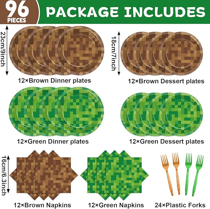96 Pcs Pixel Party Paper Plates and Napkins Pixel Party Decorations Video Game Disposable Dessert Plates Mining Gaming Tableware Set Serves 24 Guests Boys Girls Kids Teenagers Birthday Supplies
