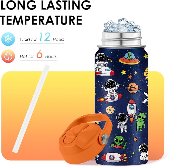 Space Astronomy Gifts for Kids - 16 Oz Kids Water Bottle with Straw Lid, Stainless Steel Insulated Tumbler, Leak Proof, BPA-Free, for Boys, School, Travel - Universe Children Birthday Gifts Cups(1pc)