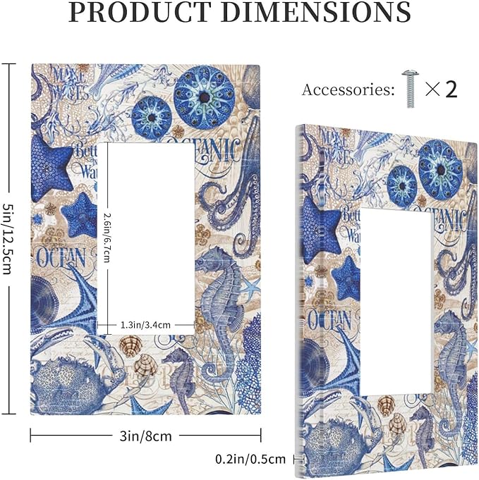 Decorative Outlet Covers Vintage Sea Blue Seahorse Starfish Octopus 1 Gang Single Rocker Light Switch Cover Plate Wall Plates Gfci Faceplate For Kids Room Home Decor