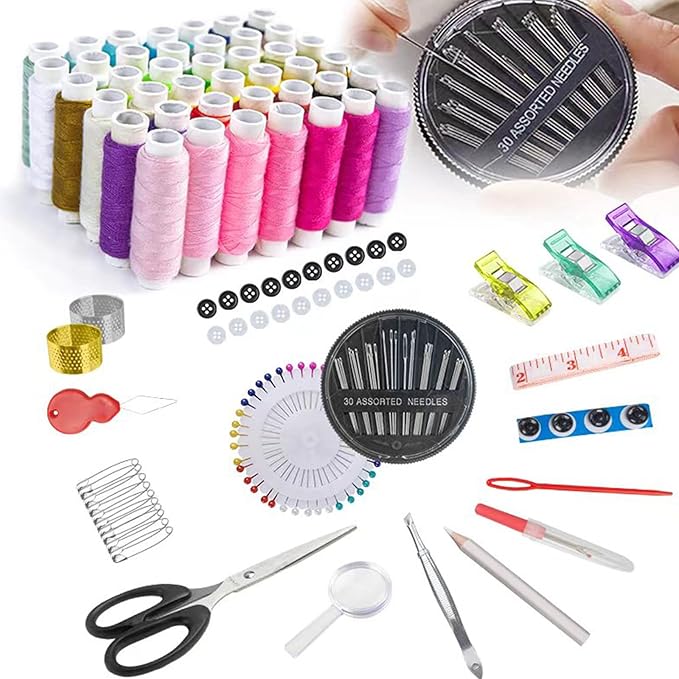JUNING Sewing Kit with Black Case Portable Sewing Supplies for for Mom Grandma Women Men Teen Girls Boys Adults Beginner, Home Travel, Emergency, 42 Threads, Scissors, Needles, Measuring Tape and More