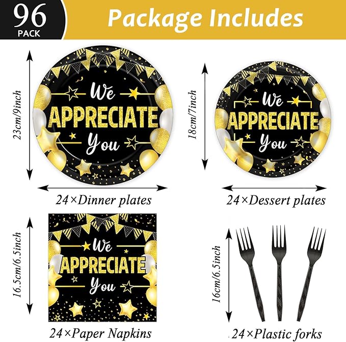 96Pcs We Appreciate You Party Plates and Napkins for Employee Staff Appreciation Black Gold Supplies Work Anniversary Themed Plate Thank You Tableware Set for Teacher 24 Guests Party Decorations