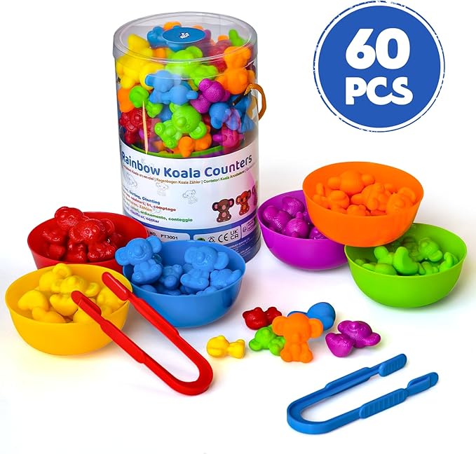 Pairez Toys Counting Toys for Toddlers, 60 Rainbow Koala Counters w/Sorting Bowls, Color Sorting, Counting & Math Manipulatives, Preschool Homeschool & Classroom Early Learning Supplies