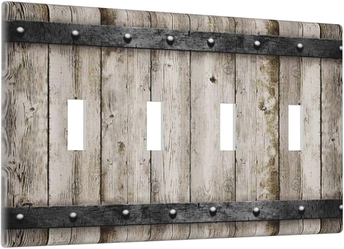 Vintage Retro Western Barn Cabin Wood 4 Gang Quad Toggle Light Switch Cover Plate Decorative Electric Faceplate Decorative Switchplate Screwless