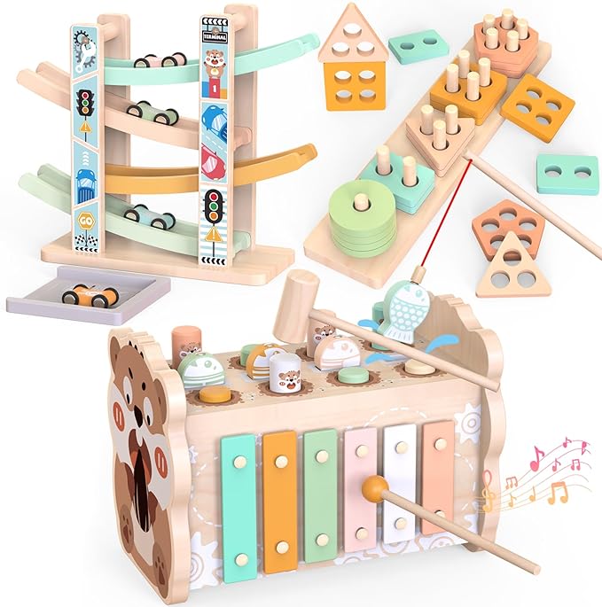 Weilim Montessori Toys for 1 Year Old, Wooden Car Ramp & Hammering Pounding Xylophone Toy for Toddlers 1-3, Shape Sorter Stacking Blocks, Educational Fine Motor Activity Toys Gift for Baby Boy Girl