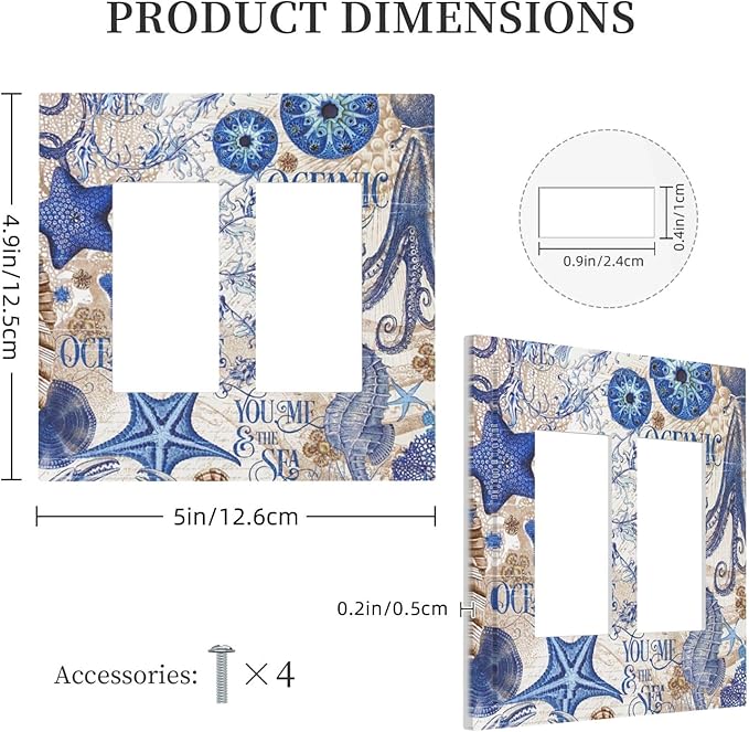Decorative Outlet Covers Vintage Sea Blue Seahorse Starfish Octopus 2 Gang Double Gfci Rocker Electrical Wall Panels Light Switch Cover Plate For Kids Room Home Decor