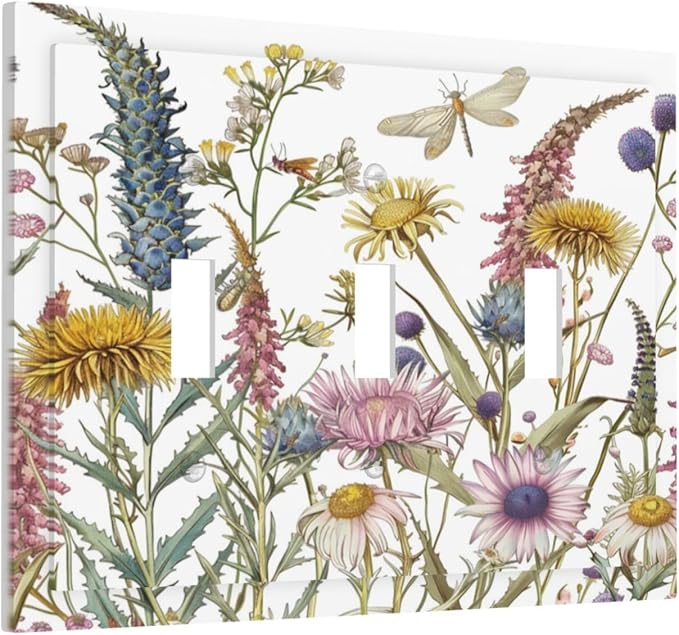 Light Switch Cover Plate Botanical Wildflowers Dragonfly Colorful Floral 3 Gang Triple Toggle Decorative Switch Plates Wall Plates Electrical Switchplate Faceplate for Bathroom Bedroom Decor