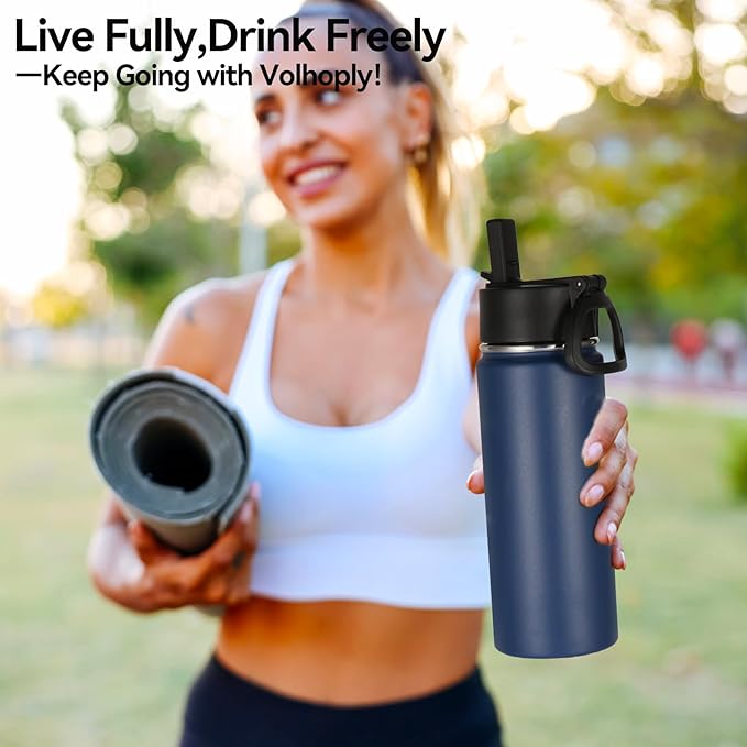 Volhoply 16 OZ Kids Water Bottle Bulk 2 Pack,Insulated Sports Bottles with Straw Lid,Stainless Steel Bottle with Handle Keep Cold & Hot,Double Wall Vacuum Tumbler Cups for School,Girls(Navy, 2)
