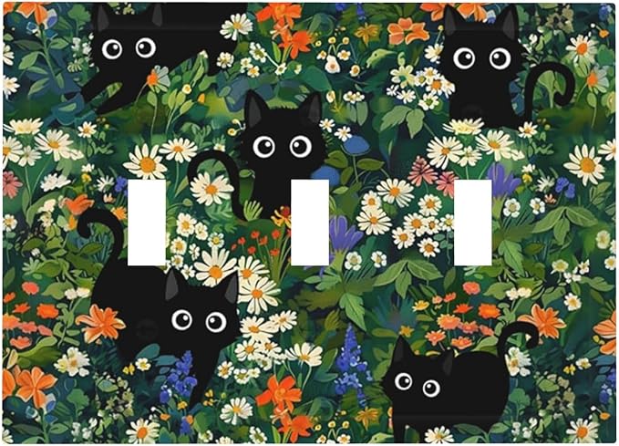 Cartoon Cool Kids Boys Animal Triple Toggle Decorator Outlet Light Switch Wall Plate Cover Funny Boho Cute Black/Green Cats Pet Kittens Jumbo Decorative 3 Gang Three Device Receptacle Faceplate Cover