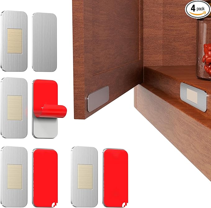 PHIXBEAR No Drill Magnetic Cabinet Door Catch with Adhesive – Stainless Steel, Strong Hold Child Safety Lock for Kitchen Cabinets, Bathroom, RV – Drawer Magnets 1.57” x 0.79” 4 Pack