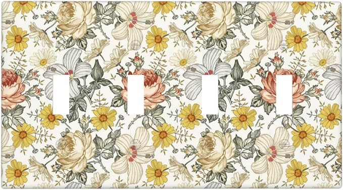 Multicolor Peony Daisy Vintage Floral Flower Light Switch Covers Quad Toggle Electrical Faceplate 4 Gang Wall Plate Decorative Switch Plates for Bedroom Living Room Decor