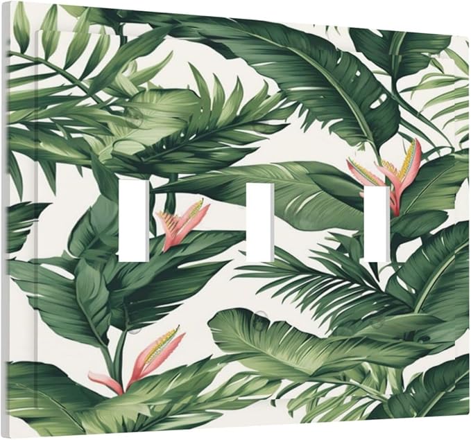 Tropical Leaf Jungle Botanical Palm Tree Greenery Floral Decorative Switch Plates 3 Gang Wall Plate Triple Toggle Light Switch Cover Faceplate Electrical Wall Panels for Bedroom Living Room Decor