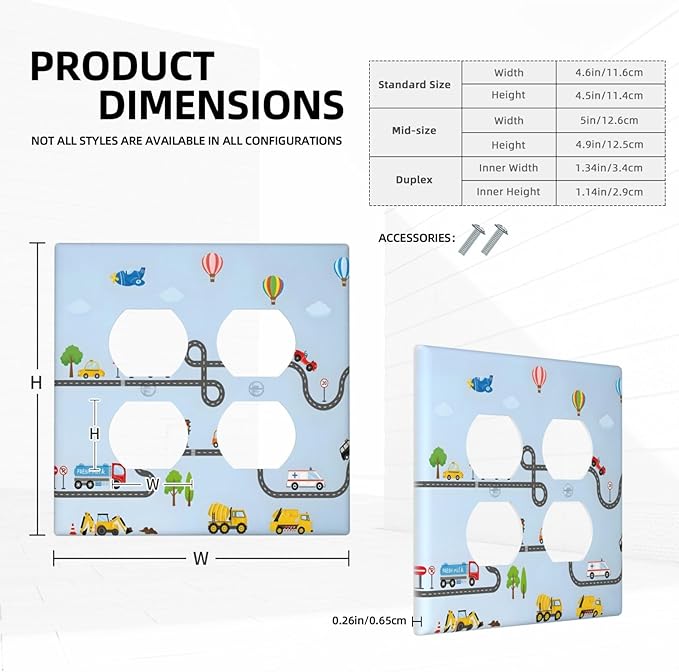 Road Construction Car Truck Hot Air Balloon Outlet Covers 2 Gang Double Duplex Decorative Light Switch Covers Electrical Wallplates Socket Faceplate for Nursery Kids Room Decor