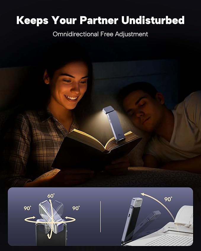 86lux Book Light, Rechargeable Clip-On LED Reading Light for Bed & Night Use - 3 Color Temperatures with Stepless Dimming, Ultralight Bookmark Design for Kids, Book Lovers, Purple