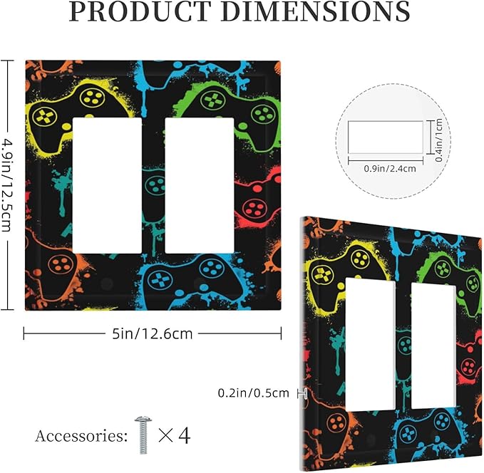 Gaming Hippie Gamer Modern Gamepad Colorful Graffiti Decorative Outlet Covers 2 Gang Double GFCI Rocker Electrical Wall Panels Light Switch Cover Plate for Kids Room Nursery Decor
