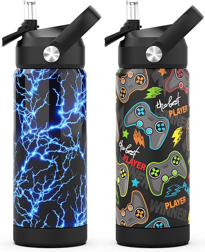 Boys Water Bottle with Straw,18 oz Kids Insulated Cups with Stainless Steel Leak Proof for School,Sport&Travel（2pack，Lightning+Game）
