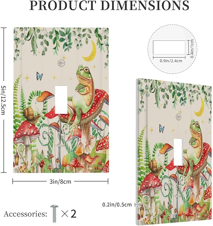 Decorative Light Switch Cover Boho Mushrooms Frogs Butterflies Flowers Moon Stars 1 Gang Single Toggle Decorator Outlet Wall Plate Device Electrical Faceplate Switchplates for Kids room