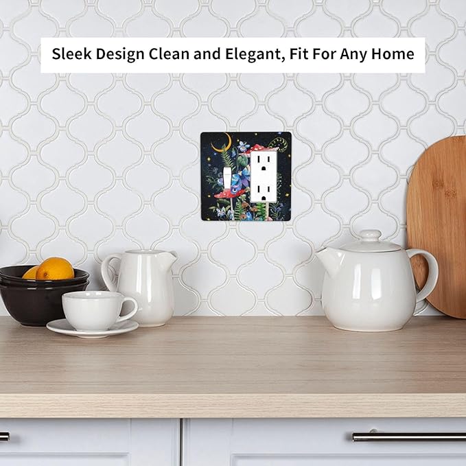 Boho Butterfly Mushrooms Snail 2-Gang 1-Toggle 1-Decorator/GFCI Device Combination Wallplate Starry Moon Night Stars Botanical Moth Dual Combo Toggle Receptacle Outlet Light Switch Cover Face Plate