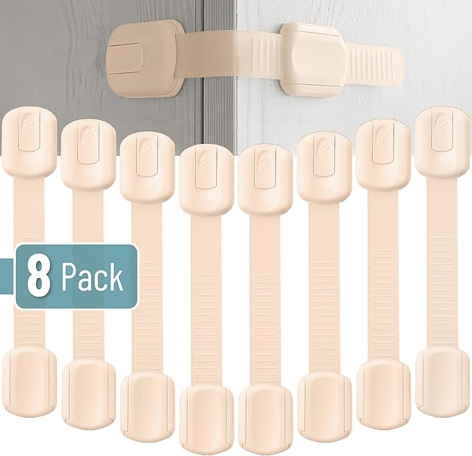 Bate- Child Safety Strap Locks, 8 Pack, Beige, Baby Locks for Cabinets, Drawers, Kitchen, Toilet, Furniture, Fridge, Multi-Purpose, Easy Install with Quick 3M Adhesive for Childproofing