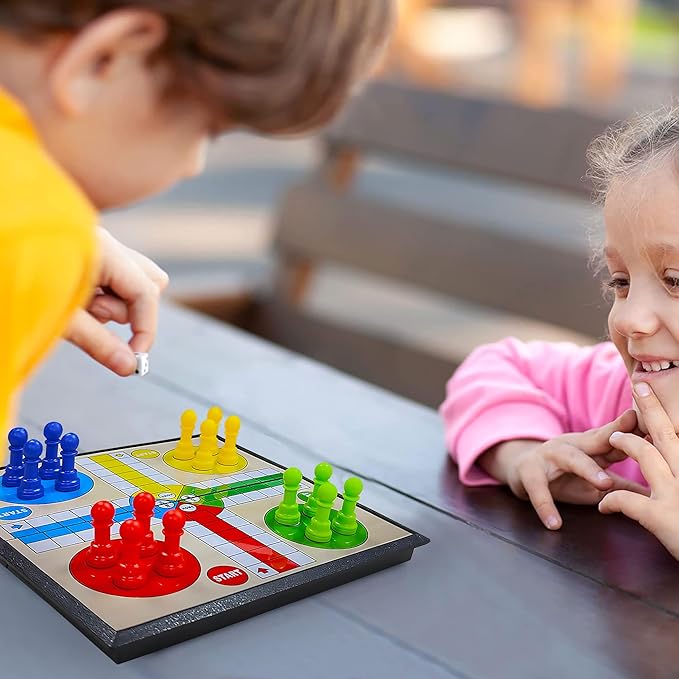 KIDAMI Mini Magnetic Ludo Travel Board Game Set, Folding Design and Light-Weight, Gift for Kids Toddlers (7.64 × 7.64 inches)