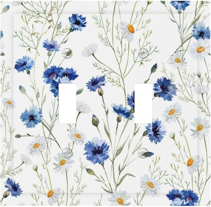 Light Switch Cover Plate Watercolor Daisy Blue Floral Vintage Plant 2 Gang Double Toggle Decorative Switch Plates Plug Cover Wall Plates Electrical Faceplate for Bedroom Home Decor