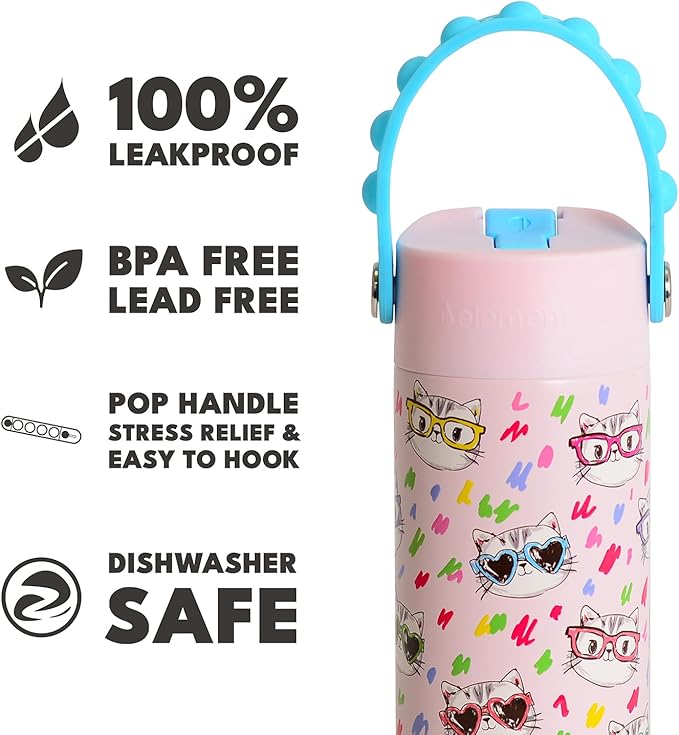 Elemental Insulated Kids Water Bottle, Stainless Steel Water Bottle with Straw Lid & Pop-It Handle, Leak-Proof Water Bottles for School, Boys or Girls, Travelling and Sports, 18oz - Stylish Cat