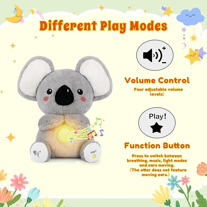BRICHOEE Breathing Stuffed Animal, Soothing Koala Stuffed Animal with Moving Ears, Breathing Motion, Calming Sound and Light for Baby Sleep Companion Portable Plush Toy Gifts for Kids Adults Newborns