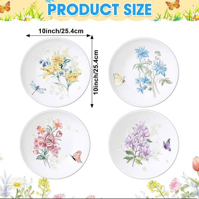 Naozinebi 4 Pcs 10 Inch Spring Theme Flower Plates Melamine Floral Dinnerware Set Reusable Melamine Spring Floral Baby Shower Plate Dishwasher Creatively Drop Resistant Cute Plastic Dish