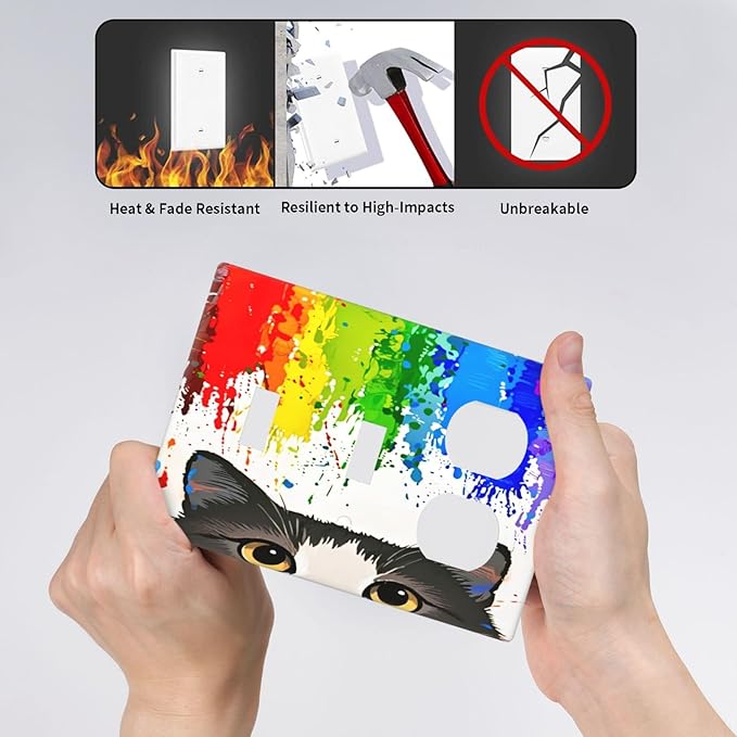 Cat Rainbow 2 Toggle 1 Duplex Receptacle Outlet Cover Wall Plate Decorative 3 Gang Light Switch Covers Electrical Switchplate Home Decorate Faceplat for Bathroom Bedroom Kitchen Room 4.5 x 6.4 Inch