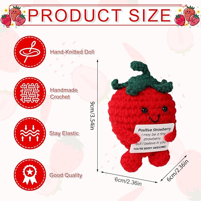 TOYMIS Cute Positive Strawberry, Crochet Strawberry Emotional Doll Support Fruit Knitted for Empowering Gift Home Office Decoration (Red)