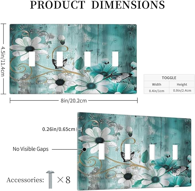 Decorative Switch Plate Covers Turquoise Flowers and Butterflies Rustic Teal White Floral 3 Gang Wall Plate Light Switch Cover Plate Triple Toggle Jumbo Electrical Faceplate for Bedroom Decor