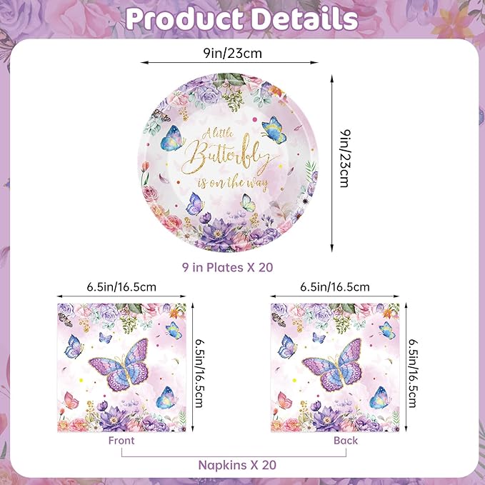 40 Pcs Butterfly Birthday Party Decorations - Purple Butterfly Plates and Napkins, Floral Paper Plates Napkins Disposable Tableware Sets for Butterflies Birthday Party Supplies Decor Favors, Serve 20