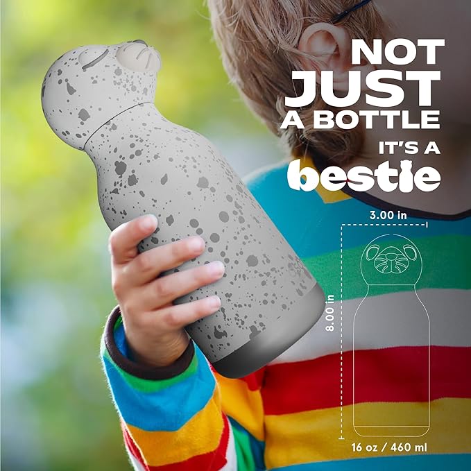 asobu Bestie Bottle Insulated Stainless Steel Water Bottle with Detachable Soft Animal Head Fun Drinking For Kids and Teens with Flexible Reusable Straw 16 Ounce (Seal White)
