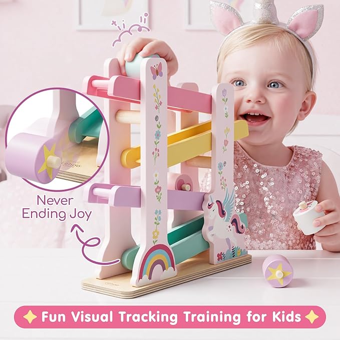 Lehoo Castle Wooden Car Ramp Toys for 1 Year Old Girl Birthday Gifts, Unicorn Montessori Toys for One Year Old, Wooden Race Track with 4 Rollers Toddler Toys for 2 Year Old Girl