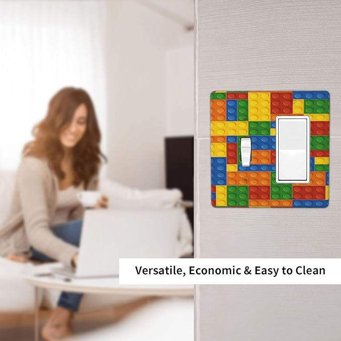 Light Switch Cover Colorful Building Block 2 Gang Toggle Rocker Combo Socket Cover Wall Plates Decorative Switch Plates and Outlet Covers for Kids Room Home Decor