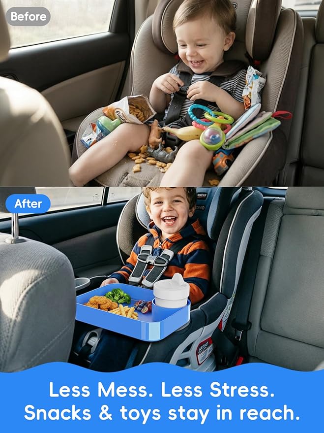 Car Seat Cup Holder Snack Tray for Kids, Reduces Mess, Detachable Large Base & Adjustable Ring, Carseat Tray for Toddler, Car Seat Food Tray Eating Table for Kids Travel Road Trip -Blue
