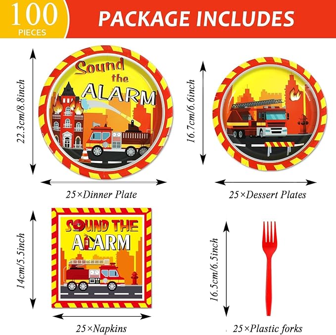100 Pcs Firetruck Birthday Party Decorations Fireman Plates and Napkins for Firefighter Party Supplies Fire Truck Birthday Theme Disposable Dinnerware Set for Kids Fireman Party Favors Serve 25