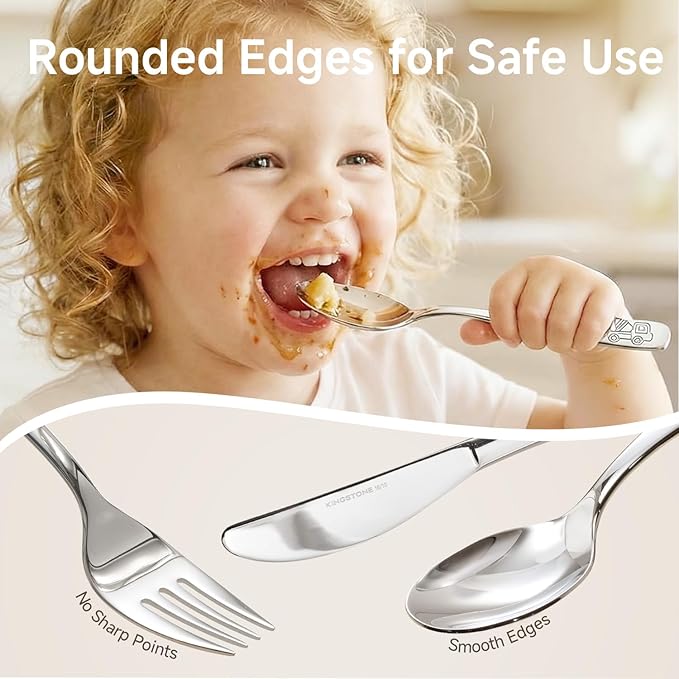 KINGSTONE Kids Silverware Set 3 Pieces, 18/10 Stainless Steel Fork, Spoon & Knife, Construction Vehicle, Digger & Dump Truck Kids Utensils, Food-Grade, Dishwasher Safe for Children Daily Use