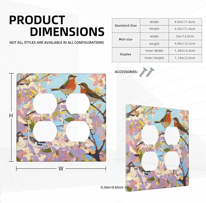 Bird Flower Double Duplex Receptacle Outlet Cover Wall Plate Decorative 2 Gang Light Switch Covers Electrical Switchplate Home Decorate Faceplat for Bathroom Bedroom Kitchen Room 4.5 x 4.5 Inch
