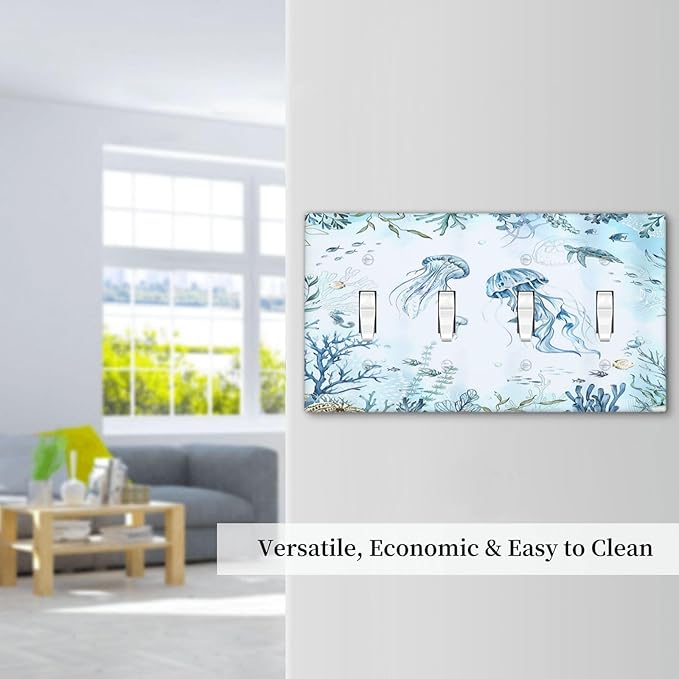 Light Switch Covers Jellyfish Teal Blue Ocean Turtle Coastal Beach Quad Toggle 4 Gang Wall Plate Electrical Faceplate Decorative Switch Plates for Bedroom Bathroom Decor