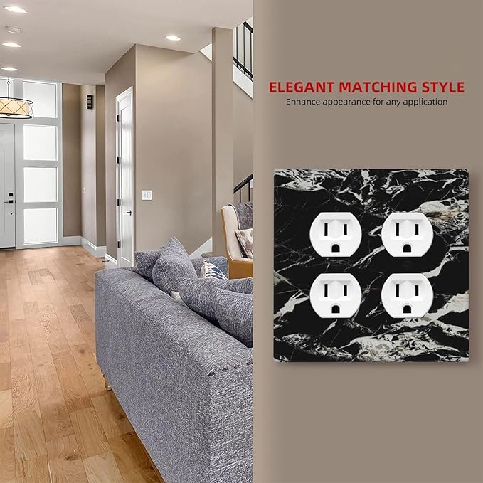 Black Marble Patterns Low Key Luxurious Outlet Covers 2 Gang Double Duplex Decorative Light Switch Covers Electrical Wallplates Socket Faceplate for Bathroom Kitchen Decor